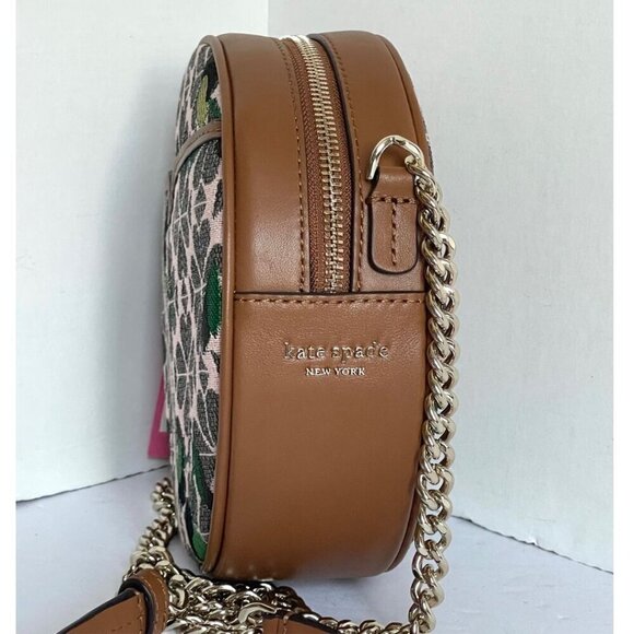 Kate Spade Canteen Jacquard Cherry Brown Crossbody Round Small Leather Floral - Picture 6 of 11